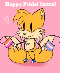 Size: 1688x2048 | Tagged: safe, artist:taeko, miles "tails" prower, fox, 2023, blue shoes, chest fluff, chibi, cute, ear fluff, english text, female, flag, heart, holding something, lesbian, lesbian pride, mobius.social exclusive, pink background, pride, pride flag, simple background, sketch, smile, solo, stick figure, tailabetes, trans female, trans pride, transgender