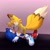 Size: 2048x2048 | Tagged: safe, artist:cjjp8, artist:jeffydust, miles "tails" prower, sonic the hedgehog, fox, hedgehog, 2023, abstract background, adult, blushing, duo, gay, lidded eyes, looking at each other, lying back, male, males only, older, pinning them, shipping, signature, smile, sonic x tails