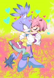 Size: 2450x3500 | Tagged: safe, artist:illymarket, amy rose, blaze the cat, cat, hedgehog, 2023, amy x blaze, blushing, carrying them, cute, eyes closed, female, females only, hearts, lesbian, open mouth, shipping