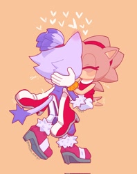 Size: 1621x2048 | Tagged: safe, artist:nakajima_evelyn, amy rose, blaze the cat, cat, hedgehog, 2023, amy x blaze, amy's halterneck dress, blaze's tailcoat, carrying them, cute, eyes closed, female, females only, hearts, kiss, lesbian, shipping