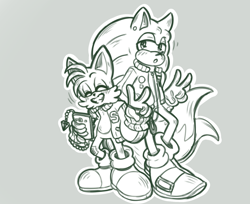 Size: 1200x977 | Tagged: dead source, safe, artist:takosa, miles "tails" prower, sonic the hedgehog, fox, hedgehog, blushing, duo, ear piercing, eyes closed, gay, grey background, holding something, jacket, lidded eyes, looking at viewer, monochrome, mouth open, outline, phone, shipping, simple background, smile, sonic x tails, standing, v sign