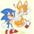 Size: 2048x2048 | Tagged: dead source, safe, artist:katyxel, miles "tails" prower, sonic the hedgehog, fox, hedgehog, blushing, duo, exclamation mark, eyes closed, flying, gay, looking at them, male, males only, mouth open, shipping, simple background, smile, sonic x tails, spinning tails, standing, yellow background