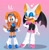 Size: 1995x2048 | Tagged: safe, artist:s3tok41b4, rouge the bat, tikal, duo, duo female, female, gradient background, heart, mouth open, open smile, outfit swap, rouge's heart top