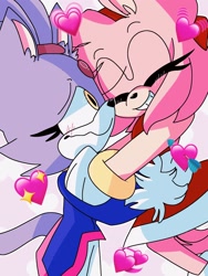 Size: 1536x2048 | Tagged: safe, artist:artyyline, amy rose, blaze the cat, cat, hedgehog, 2019, amy x blaze, amy's halterneck dress, blaze's tailcoat, cute, eyes closed, female, females only, hearts, hugging, lesbian, shipping