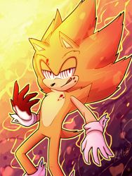 Size: 700x930 | Tagged: semi-grimdark, artist:ketlike, sonic the hedgehog, hedgehog, 2021, abstract background, blood, fleetway super sonic, licking lips, lidded eyes, male, outline, smile, solo, super form, torn gloves, torn socks