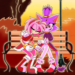 Size: 2048x2048 | Tagged: safe, artist:squishbug, amy rose, blaze the cat, cat, hedgehog, 2021, alternate version, amy x blaze, amy's halterneck dress, bench, blaze's tailcoat, cute, eyes closed, female, females only, hand on shoulder, lesbian, shipping