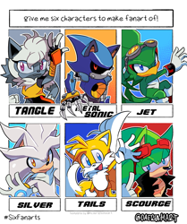 Size: 1715x2048 | Tagged: safe, artist:daereamart, jet the hawk, metal sonic, miles "tails" prower, scourge the hedgehog, silver the hedgehog, tangle the lemur, fox, hedgehog, lemur, hawk, robot, six fanarts