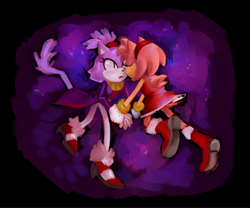 Size: 2048x1707 | Tagged: safe, artist:mysuperlaserpiss, amy rose, blaze the cat, cat, hedgehog, 2022, amy x blaze, amy's halterneck dress, blaze's tailcoat, cute, eyes closed, female, females only, holding hands, lesbian, shipping