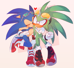 Size: 1166x1074 | Tagged: safe, artist:scuttletown, jet the hawk, sonic the hedgehog, bird, hedgehog, abstract background, arm around shoulders, blushing, duo, eyes closed, frown, gay, hand on hip, hawk, heart, jet x sonic, male, males only, nuzzle, shipping, smile, sonic riders, standing, surprised, sweatdrop