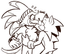 Size: 1008x842 | Tagged: safe, artist:aconfusedaj, jet the hawk, sonic the hedgehog, bird, hedgehog, blushing, cute, dialogue, duo, gay, hawk, holding each other, jet x sonic, looking at each other, male, males only, mouth open, shipping, signature, simple background, smile, standing, white background