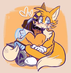 Size: 820x848 | Tagged: safe, artist:aconfusedaj, charmy bee, miles "tails" prower, bee, fox, abstract background, blushing, chaails, duo, freckles, gay, heart, leaning on them, male, males only, pout, shipping, sitting, sleeping, sweatdrop