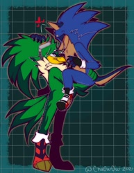 Size: 1345x1740 | Tagged: safe, artist:cha0w0w, jet the hawk, sonic the hedgehog, bird, hedgehog, abstract background, beanbrows, blushing, carrying them, duo, gay, hawk, jet x sonic, looking at them, outline, shipping, smile, standing, top surgery scars, trans male, transgender