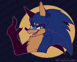 Size: 1599x1292 | Tagged: safe, artist:cha0w0w, sonic the hedgehog, hedgehog, abstract background, beanbrows, bust, chest fluff, claws, lidded eyes, looking at viewer, male, mouth open, outline, pointing, redesign, smile, solo, top surgery scars, trans male, transgender