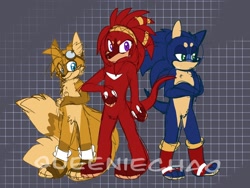 Size: 2048x1536 | Tagged: safe, artist:cha0w0w, knuckles the echidna, miles "tails" prower, sonic the hedgehog, echidna, fox, hedgehog, abstract background, alternate universe, arms folded, beanbrows, frown, fur markings, gloves off, goggles, looking at viewer, looking away, male, males only, smile, standing, team sonic, trio