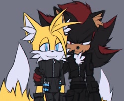 Size: 895x732 | Tagged: artist needed, safe, miles "tails" prower, shadow the hedgehog, fox, hedgehog, duo, frown, gay, grey background, hand on another's arm, jacket, lidded eyes, looking at viewer, male, males only, shadow x tails, shipping, simple background, smile, standing