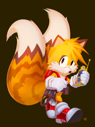 Size: 1536x2048 | Tagged: safe, artist:theroomacattack, miles "tails" prower, backpack, belt, brown background, fur markings, holding something, looking at viewer, redesign, remote controller, signature, simple background, smile, solo, walking