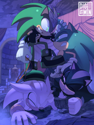 Size: 2400x3200 | Tagged: safe, artist:digimin, scourge the hedgehog, shadow the hedgehog, silver the hedgehog, sonic the hedgehog, crown, glowing eyes, sunglasses, throne