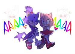 Size: 1378x1000 | Tagged: safe, artist:sherkbb183148, amy rose, blaze the cat, cat, hedgehog, 2023, amy x blaze, amy's halterneck dress, bisexual pride, blaze's tailcoat, female, females only, lesbian, lesbian pride, pride, shipping