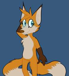 Size: 1269x1400 | Tagged: dead source, safe, artist:marshmallow-biscuit-blog, miles "tails" prower, fox, blue background, brown gloves, ear fluff, eyelashes, fangs, gloves, looking offscreen, male, redesign, simple background, smile, solo, standing