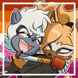 Size: 2048x2048 | Tagged: artist needed, safe, tangle the lemur, whisper the wolf, blushing, blushing ears, duo, edit, female, hugging, icon, lesbian, lesbian pride, mobius.social exclusive, pride, pride flag background, shipping, smile, tangle x whisper
