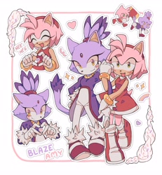 Size: 3781x4096 | Tagged: safe, artist:vmupati, amy rose, blaze the cat, cat, hedgehog, 2023, amy x blaze, amy's halterneck dress, blaze's tailcoat, cute, female, females only, heart, lesbian, piko piko hammer, shipping