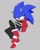 Size: 596x744 | Tagged: artist needed, safe, sonic the hedgehog, hedgehog, alternate eye color, cheek fluff, crop top, ear fluff, female, grey background, hands in pocket, heels, jacket, lidded eyes, looking offscreen, pants, pink eyes, simple background, sitting, smirk, solo, tongue out, trans female, transgender