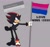 Size: 2048x1926 | Tagged: safe, artist:pondfoam, shadow the hedgehog, hedgehog, 2023, <3, bisexual, bisexual pride, english text, flag, frown, grey background, holding something, looking ahead, male, meme, pride, reference inset, shadow is a bi, simple background, solo, standing