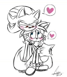 Size: 1280x1463 | Tagged: artist needed, safe, miles "tails" prower, shadow the hedgehog, blushing, duo, gay, heart, holding something, holding them, lidded eyes, looking at each other, paper, shadow x tails, shipping, shy, signature, simple background, smile, standing, white background