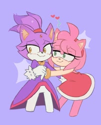 Size: 1077x1336 | Tagged: safe, artist:remimun, amy rose, blaze the cat, cat, hedgehog, 2023, amy x blaze, amy's halterneck dress, blaze's tailcoat, female, females only, hearts, hugging, lesbian, shipping