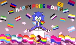 Size: 2048x1229 | Tagged: safe, artist:poisonjam6, sonic the hedgehog, hedgehog, aro ace pride, aromantic pride, asexual pride, bisexual pride, bracelet, cape, gay pride, genderfluid pride, gradient background, intersex pride, lesbian pride, male, mlm pride, nonbinary pride, pansexual pride, polyamorous pride, pride, pride flag, progress pride, smile, solo, trans pride