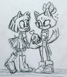 Size: 1776x2048 | Tagged: safe, artist:niightfiend, amy rose, blaze the cat, cat, chao, hedgehog, 2022, amy x blaze, amy's halterneck dress, blaze's tailcoat, cute, female, females only, hearts, holding them, lesbian, shipping, sketch