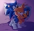 Size: 3598x3224 | Tagged: safe, artist:senshion, miles "tails" prower, sonic the hedgehog, abstract background, age difference, bed, blushing, cute, duo, eyes closed, floppy ear, gay, holding something, holding them, lidded eyes, looking back at them, lying on side, male, males only, nibbling ear, pillow, romantic, shipping, shoes off, smile, sonabetes, sonic x tails, stuffed animal, tailabetes