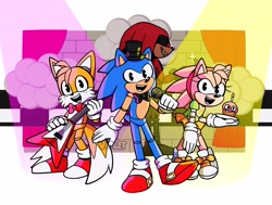 Size: 4096x3095 | Tagged: safe, artist:violetmadness7, amy rose, knuckles the echidna, miles "tails" prower, sonic the hedgehog, bonnie (fnaf), chica (fnaf), crossover, five nights at freddy's, foxy (fnaf), freddy fazbear (fnaf)