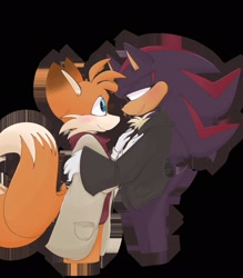 Size: 1796x2048 | Tagged: safe, artist:konicunai, miles "tails" prower, shadow the hedgehog, fox, hedgehog, adult, black background, blushing, clothes, coat, duo, fanfiction art, gay, jacket, looking at each other, male, males only, older, outline, pants, shadow x tails, shipping, shirt, simple background, smile, standing