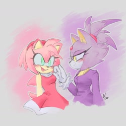 Size: 1844x1844 | Tagged: safe, artist:aithly_, amy rose, blaze the cat, cat, hedgehog, 2023, amy x blaze, amy's halterneck dress, blaze's tailcoat, blushing, cute, female, females only, hand on cheek, lesbian, shipping