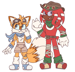 Size: 950x910 | Tagged: safe, artist:gl1tt3rpvke, knuckles the echidna, miles "tails" prower, echidna, fox, arm fluff, bandaid, bandana, belt, blue shoes, duo, goggles, hat, knuckles' hat, male, males only, one fang, redesign, scarf, shorts, simple background, smile, standing, white background