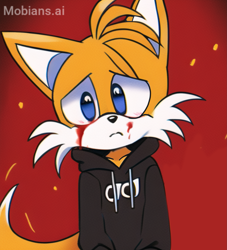 Size: 1857x2048 | Tagged: semi-grimdark, ai art, artist:mobians.ai, miles "tails" prower, fox, bleeding from eye, blood, frown, hoodie, looking at viewer, male, mobius.social exclusive, prompter:taeko, red background, simple background, solo, standing