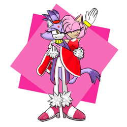 Size: 500x500 | Tagged: safe, artist:nataszaluiz, amy rose, blaze the cat, cat, hedgehog, 2019, amy x blaze, amy's halterneck dress, blaze's tailcoat, carrying them, cute, eyes closed, female, females only, hand up, lesbian, shipping