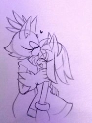 Size: 540x720 | Tagged: safe, artist:laconchadetupadre, amy rose, blaze the cat, cat, hedgehog, 2019, amy x blaze, amy's halterneck dress, blaze's tailcoat, eyes closed, female, females only, heart, kiss on head, lesbian, shipping, sketch, traditional media