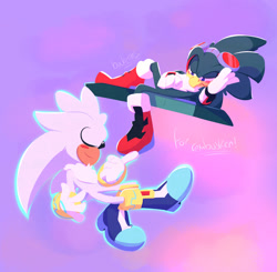 Size: 2048x2008 | Tagged: safe, artist:buckettkun, jet the hawk, silver the hedgehog, bird, hedgehog, abstract background, blushing, duo, english text, extreme gear, flying, gay, hawk, head rest, looking at them, lying on side, male, males only, mid-air, pointing, shipping, silvet, telekinesis