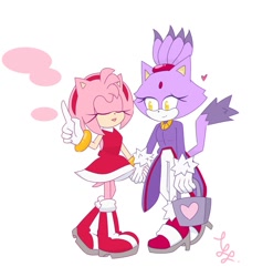 Size: 1267x1280 | Tagged: safe, artist:tgg233, amy rose, blaze the cat, cat, hedgehog, 2018, amy x blaze, amy's halterneck dress, bag, blaze's tailcoat, cute, eyes closed, female, females only, heart, holding hands, lesbian, shipping