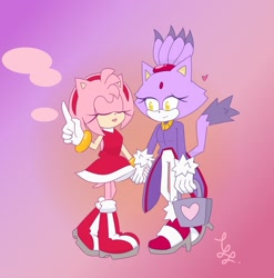 Size: 1267x1280 | Tagged: safe, artist:tgg233, amy rose, blaze the cat, cat, hedgehog, 2018, alternate version, amy x blaze, amy's halterneck dress, bag, blaze's tailcoat, cute, eyes closed, female, females only, heart, holding hands, lesbian, shipping