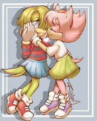 Size: 1024x1280 | Tagged: safe, artist:rreinnni, amy rose, tekno the canary, bird, hedgehog, 2022, abstract background, canary, duo, female, females only, fleetway amy, hand on another's face, heart, lesbian, shipping, signature, skirt, smile, standing, teknamy