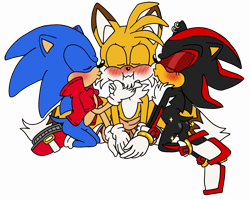 Size: 1600x1271 | Tagged: safe, artist:sir-psych0-s3xy, miles "tails" prower, shadow the hedgehog, sonic the hedgehog, fox, hedgehog, 2021, blushing, butt, colored ears, earring, eyelashes, eyes closed, flat colors, gay, holding hands, jacket, kiss on cheek, kneeling, male, males only, older, pansexual, pants, polyamory, shadow x tails, shipping, simple background, sonadails, sonic x tails, sparkles, transparent background, trio