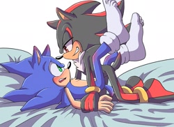 Size: 1423x1036 | Tagged: suggestive, artist:angelofhapiness, shadow the hedgehog, sonic the hedgehog, 2017, barefoot, bed, blushing, blushing ears, blushing knees, blushing tail, chest fluff, drunk, duo, gay, gloves off, imminent sex, indoors, lidded eyes, looking at each other, lying down, male, males only, mouth open, pinning them, shadow x sonic, shipping, shoes off, smile, socks off