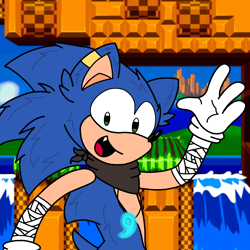 Size: 5588x5588 | Tagged: safe, artist:rewriteelectric2008, sonic the hedgehog, hedgehog, 2023, abstract background, alternate universe, bandana, ear piercing, emerald hill, looking at viewer, male, necklace, one fang, smile, solo, trans male, transgender, waving