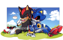 Size: 961x609 | Tagged: safe, artist:sandopoliszone, metal sonic, shadow the hedgehog, hedgehog, 2016, bandana, black sclera, blushing, clouds, duo, embarrassed, gay, genderless, grass, lidded eyes, looking at them, male, metadow, outdoors, robot, semi-transparent background, shipping, sitting