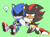 Size: 1500x1100 | Tagged: safe, artist:cherucat, metal sonic, shadow the hedgehog, hedgehog, 2016, agender, black sclera, cleaning, cloth, cute, duo, eyes closed, flat colors, gay, green background, kneeling, lidded eyes, male, metadow, metalbetes, musical notes, shadowbetes, shipping, simple background, sitting