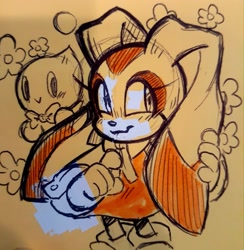 Size: 2002x2048 | Tagged: safe, artist:spoiledskullz, cheese (chao), cream the rabbit, chao, rabbit, 2023, blushing, duo, female, flower, genderless, looking offscreen, neutral chao, smile, standing, traditional media