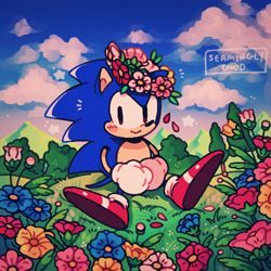 Size: 500x500 | Tagged: safe, artist:seaminglygood, sonic the hedgehog, hedgehog, 2023, abstract background, blushing, classic sonic, clouds, cute, flower, flower crown, male, outdoors, sitting, smile, solo, sonabetes